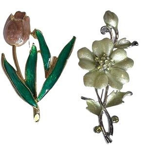 Vintage Enamel Flower Brooch Lot Two Floral Pins